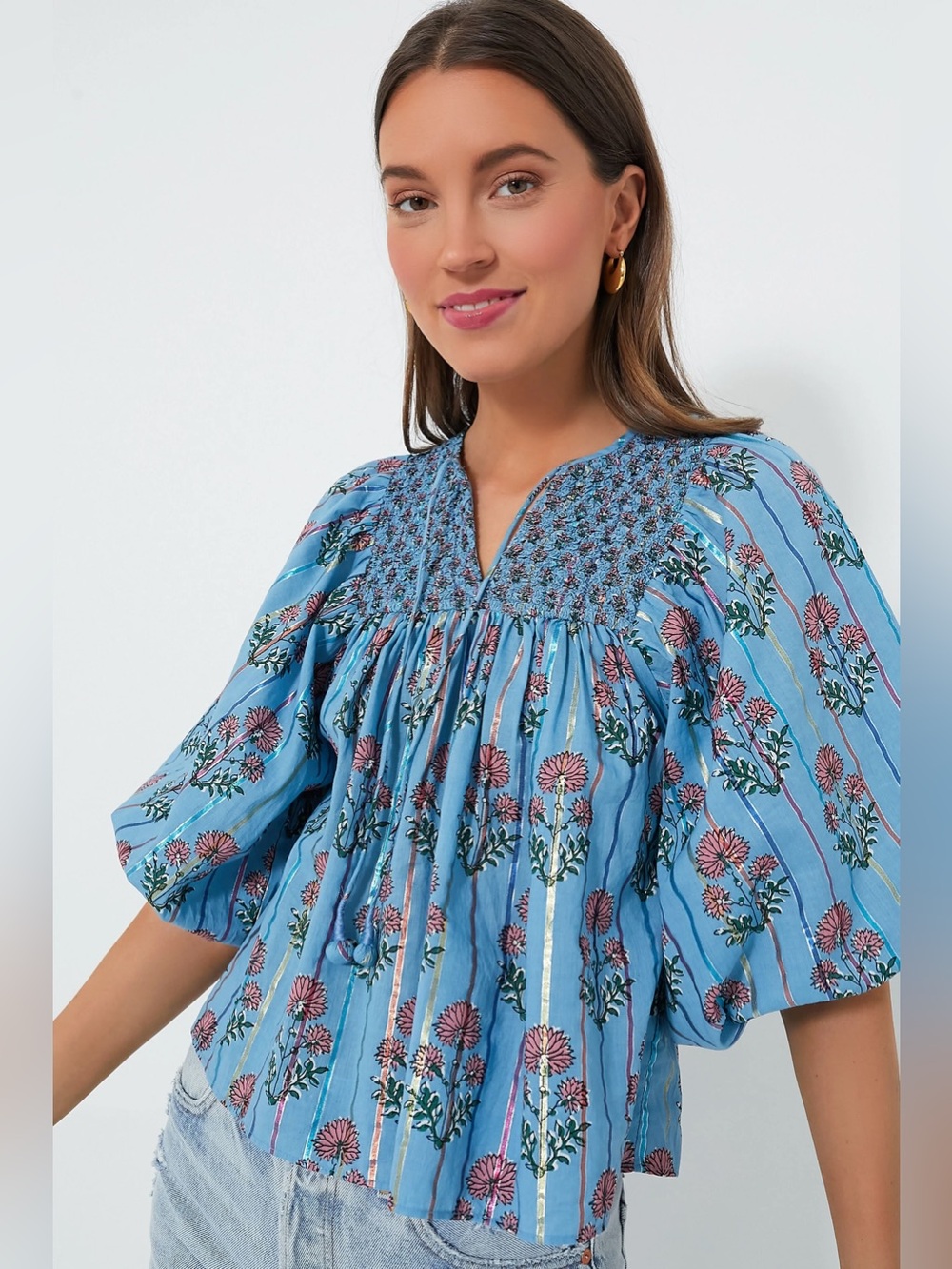 Tuckernuck‎ || Saylor Arielle Smocked Block Print Top Floral Metallic Blue Small